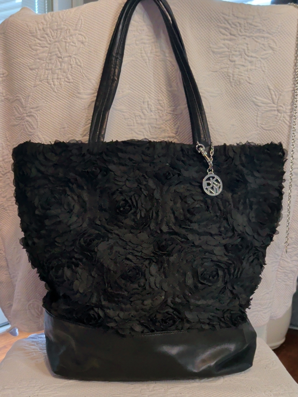 DKNY Large 14" Black Rosette Tote Bag - Genuine Leather Trim - Great Condition
